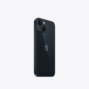 Bagsiden af en mørkeblå Apple iPhone 14 med dobbelte kameraer og logo.