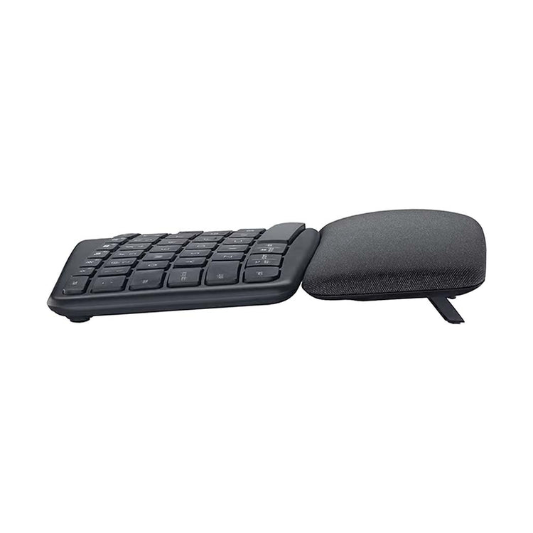 Sort numerisk tastatur med integreret blød håndledsstøtte, set fra siden på hvid baggrund.