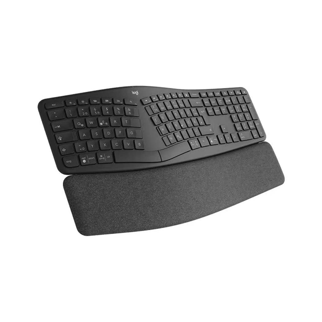 Sort ergonomisk tastatur med buet design og blød håndledsstøtte, velegnet til computer