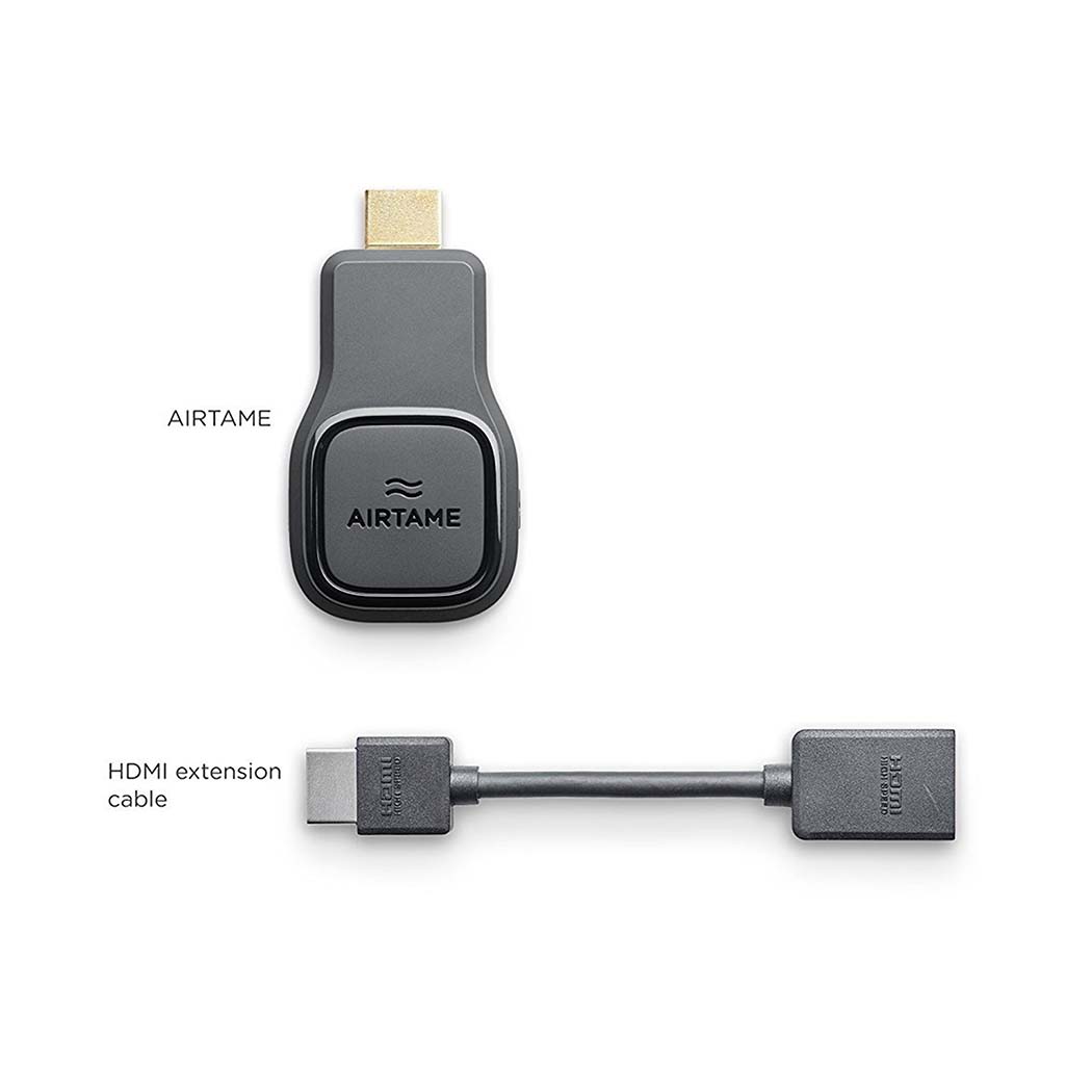Airtame HDMI-streamingenhed og HDMI-forlængerkabel til trådløs skærmdeling.