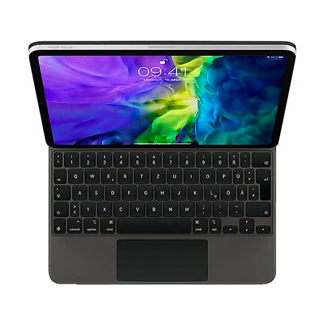 Apple iPad med Magic Keyboard og trackpad, sort tastatur, farverig skærm, set ovenfra