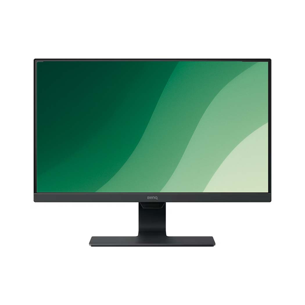Fladskærms computer monitor med sort ramme og bred fod, vises forfra.
