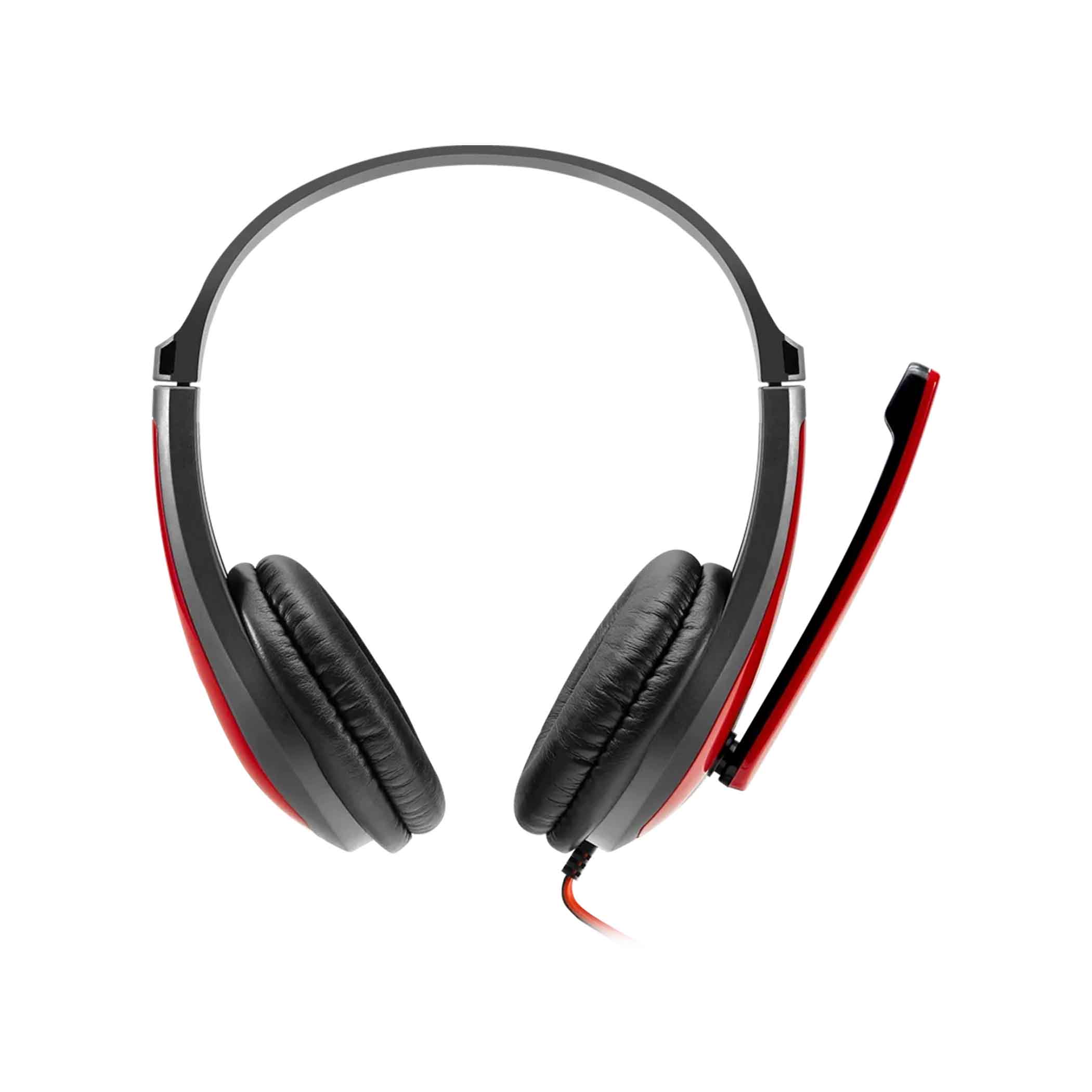 Sort og rød headset med mikrofon, polstrede ørepuder, kabeltilslutning, frontvisning