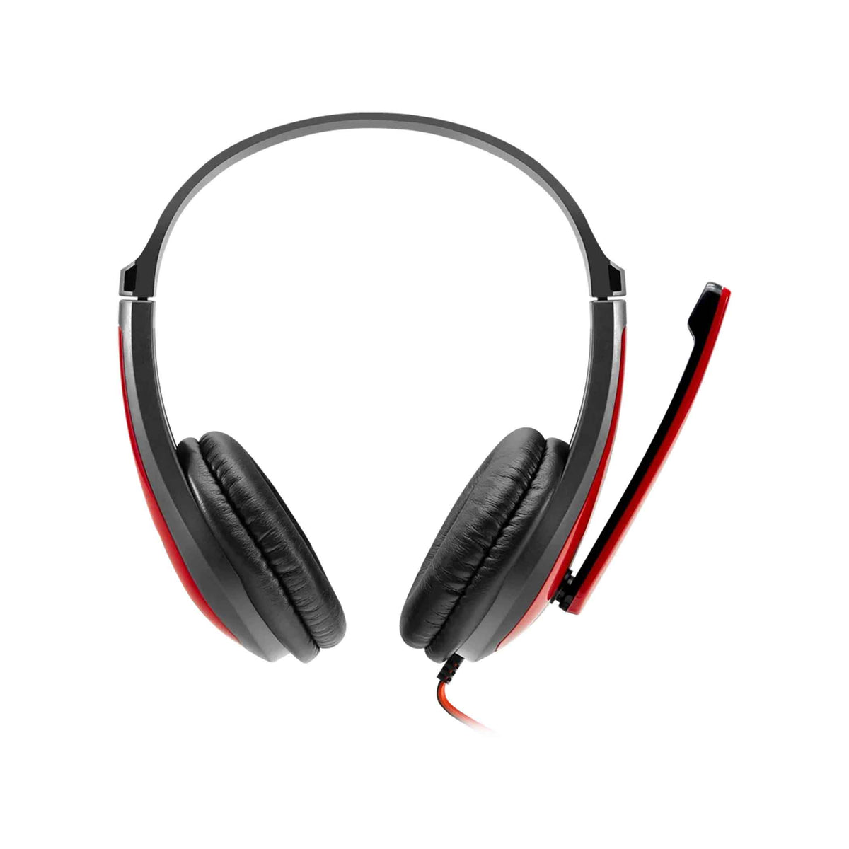 Sort og rød headset med mikrofon, polstrede ørepuder, kabeltilslutning, frontvisning