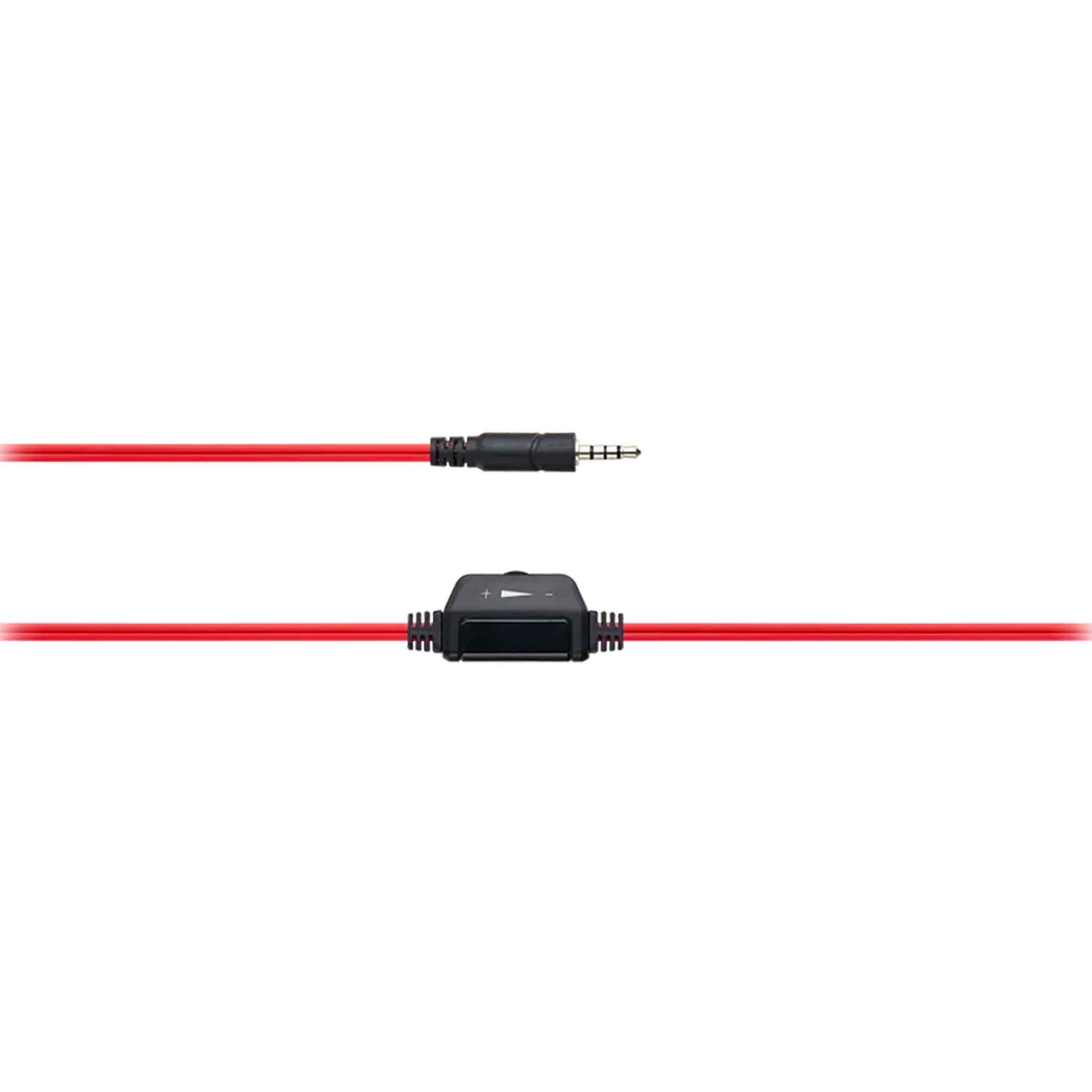 Rød AUX kabel med 3,5mm jackstik og indbygget fjernbetjening til lydstyrke