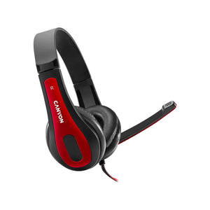 Sort og rød headset med mikrofon, polstrede ørepuder og kabel, velegnet til pc eller mobil.