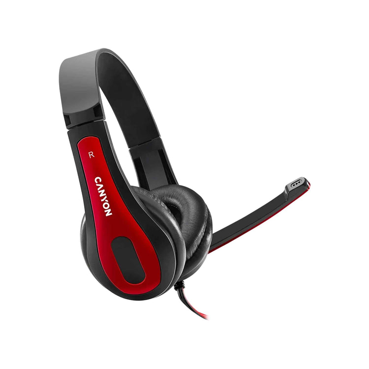 Sort og rød headset med mikrofon, polstrede ørepuder og kabel, velegnet til pc eller mobil.
