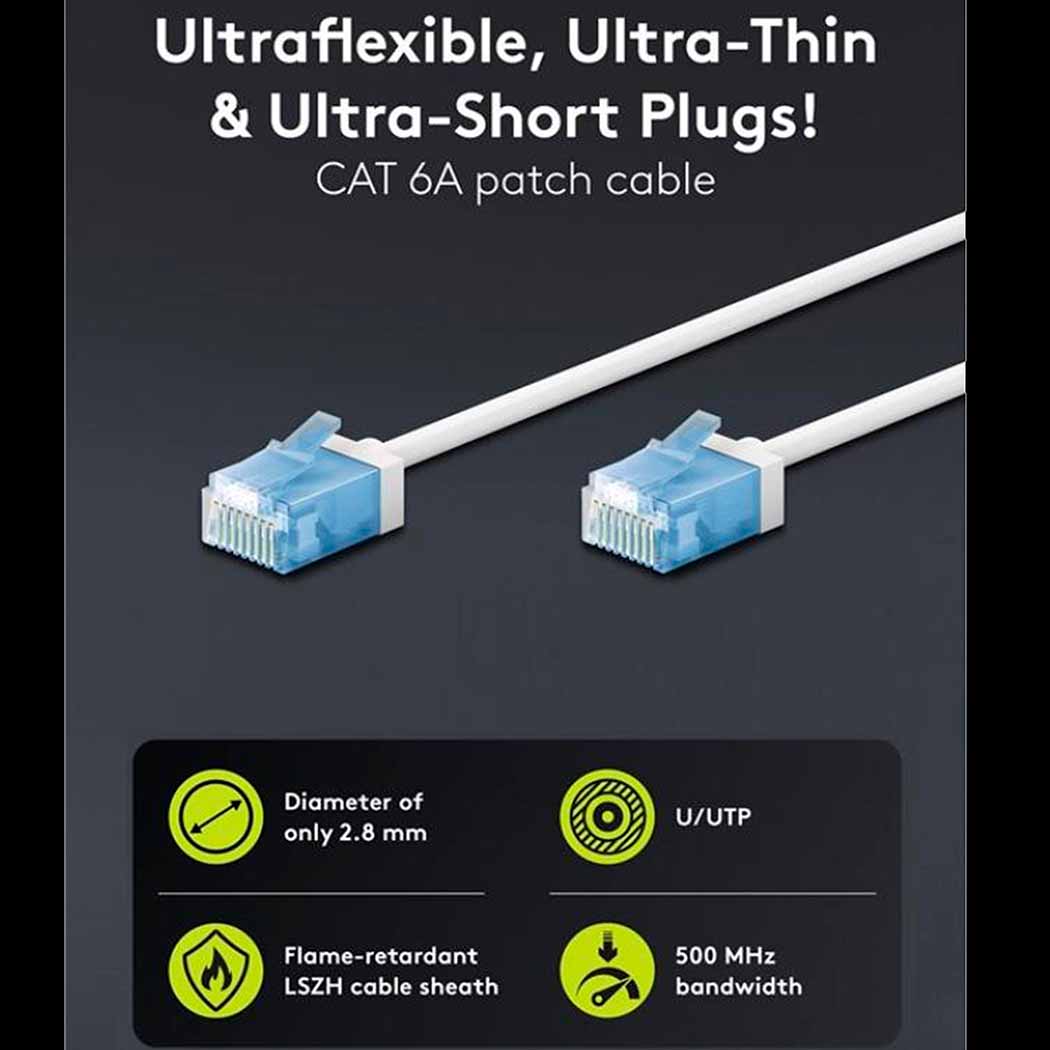 Patchkabel CAT 6A 0,5m Hvid RJ45 – Kort Hoved