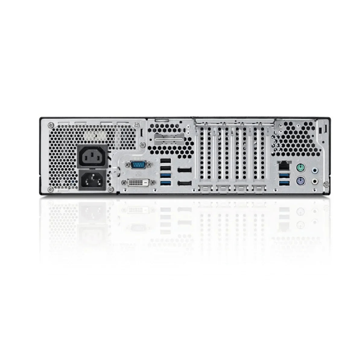 Bagsiden af en Fujitsu Esprimo D757 PC med forskellige porte og strømstik.