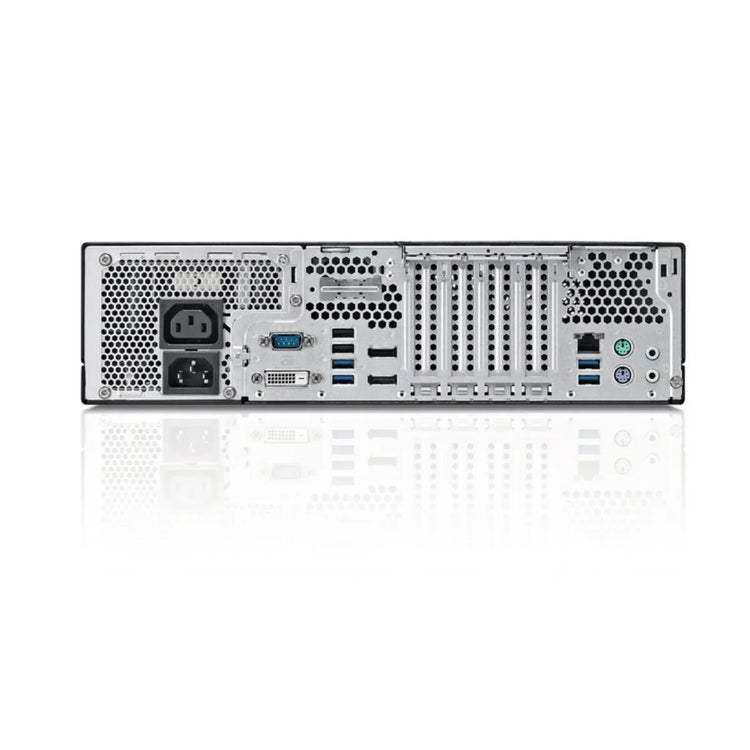 Bagsiden af en Fujitsu Esprimo D757 PC med forskellige porte og strømstik.