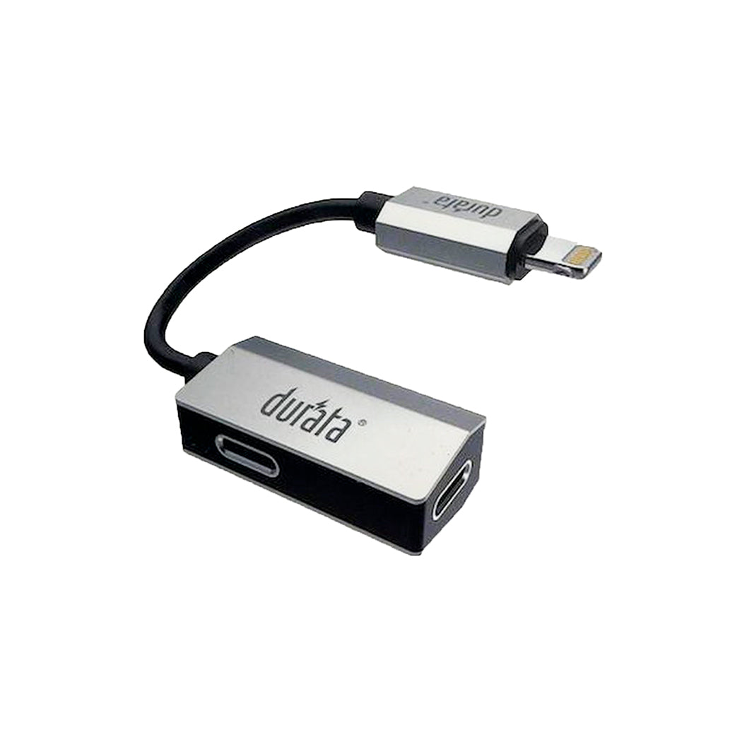 Durata adapter, sort og sølv, med Lightning til dobbelt stik til Apple enheder