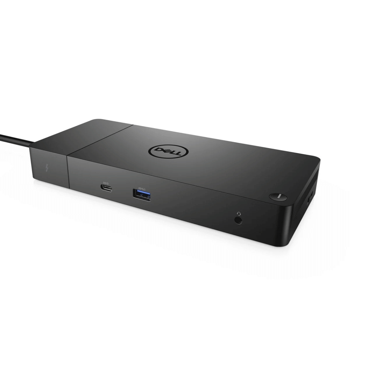 Sort Dell WD19TB Thunderbolt dockingstation set fra siden med USB-porte