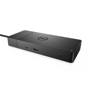 Sort Dell WD19TB Thunderbolt dockingstation set fra siden med USB-porte