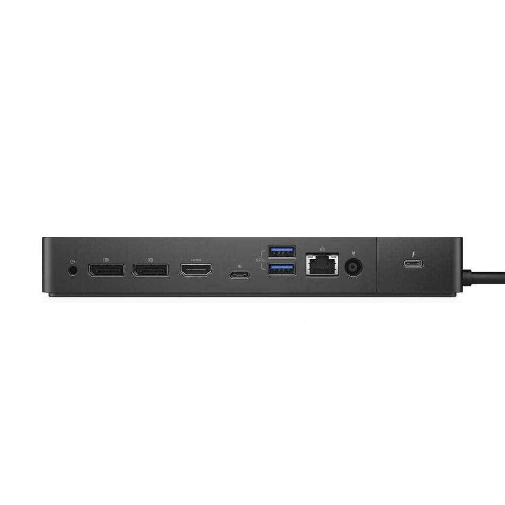 Bagsiden af en Dell WD19TB Thunderbolt dockingstation med forskellige porte