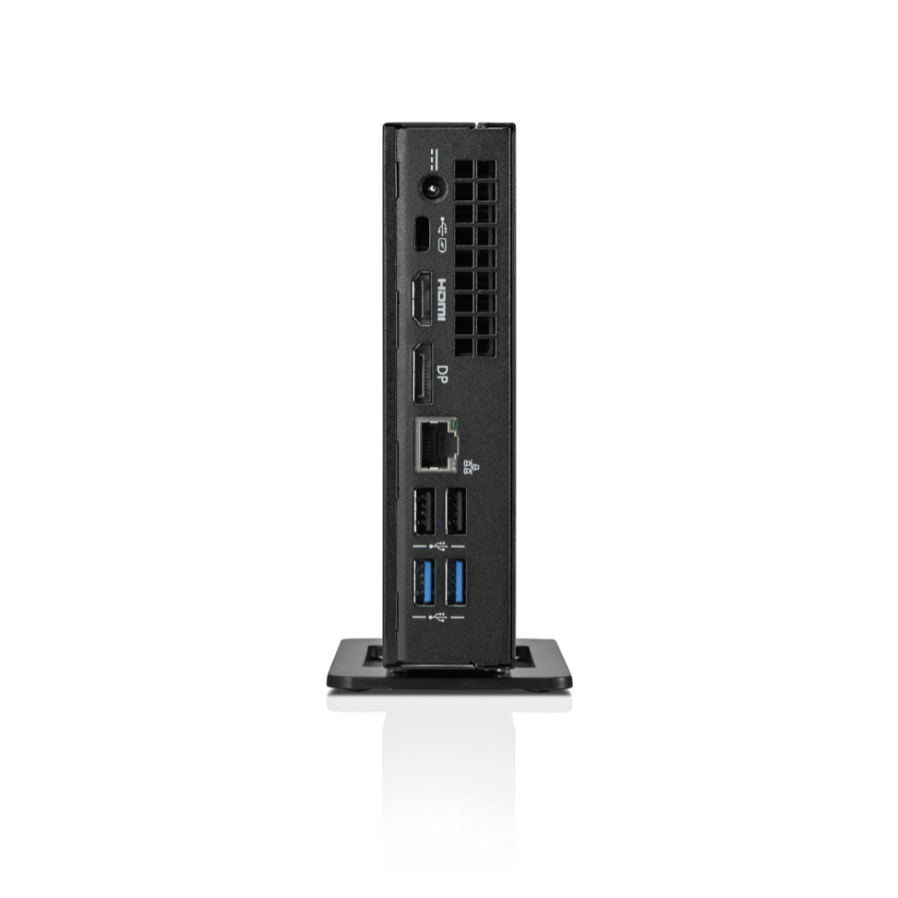 Bagsiden af en sort Fujitsu Esprimo G558 mini PC med forskellige porte og tilslutninger