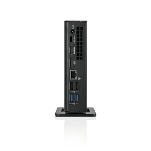 Bagsiden af en sort Fujitsu Esprimo G558 mini PC med forskellige porte og tilslutninger