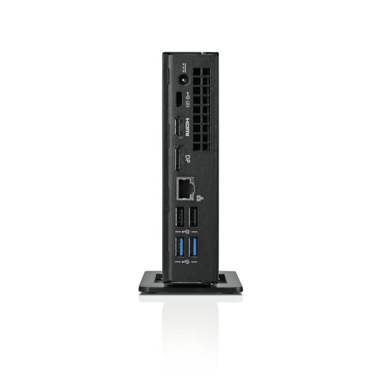 Bagsiden af en sort Fujitsu Esprimo G558 mini PC med forskellige porte og tilslutninger