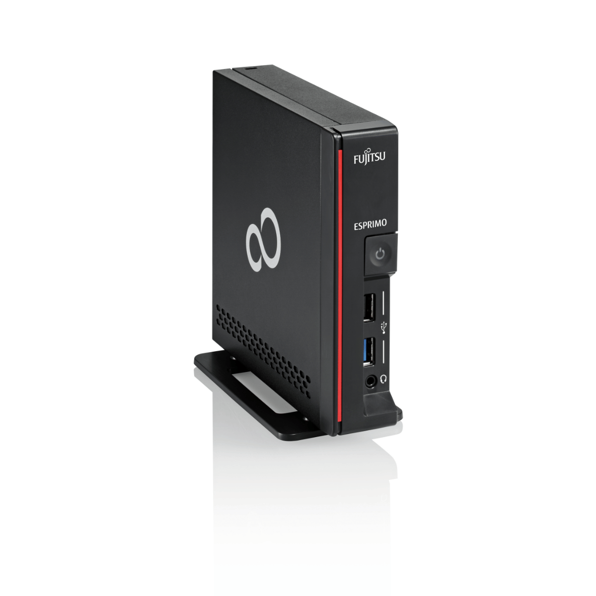 Sort Fujitsu Esprimo G558 mini PC set fra siden med frontpanel og fod
