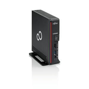 Sort Fujitsu Esprimo G558 mini PC set fra siden med frontpanel og fod
