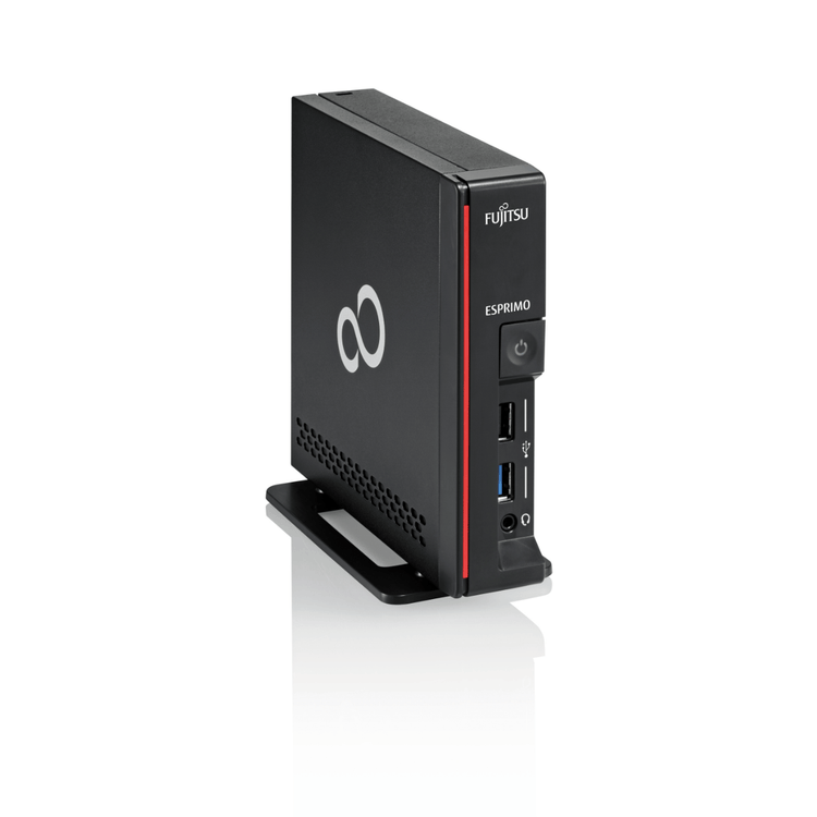 Sort Fujitsu Esprimo G558 mini PC set fra siden med frontpanel og fod