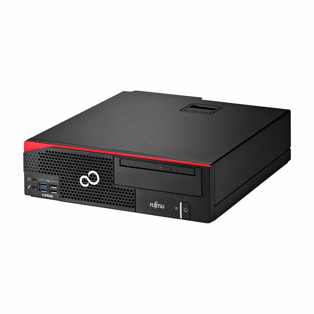 Fujitsu D956 desktop computer, sort og rød, front USB porte og ventilationsgitter