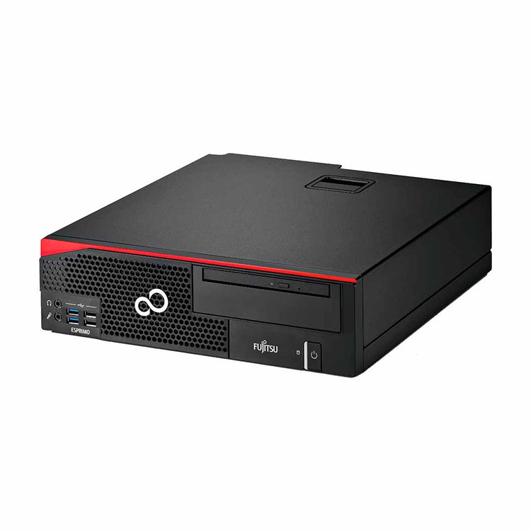 Fujitsu D956 desktop computer, sort og rød, front USB porte og ventilationsgitter