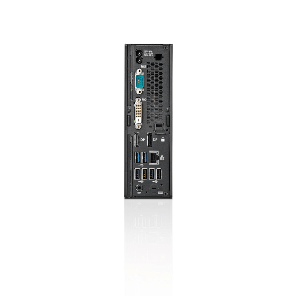 Bagsiden af en Fujitsu Esprimo Q558 med forskellige tilslutningsmuligheder og porte.