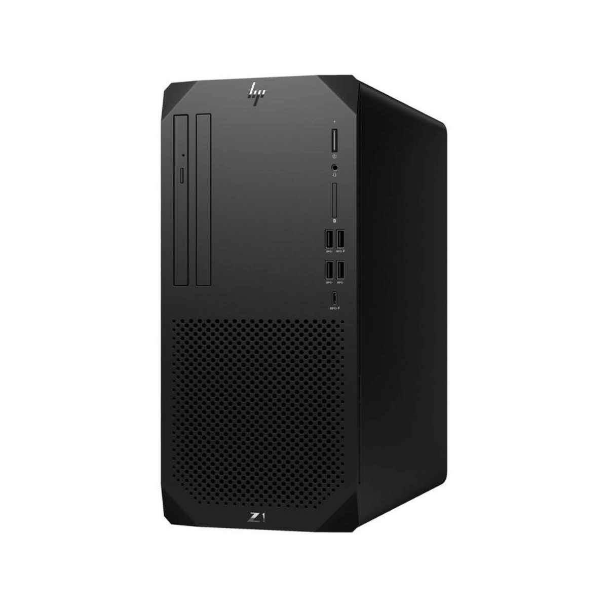 Forside af sort HP Z1 G9 Workstation med USB-porte og ventilationsrist