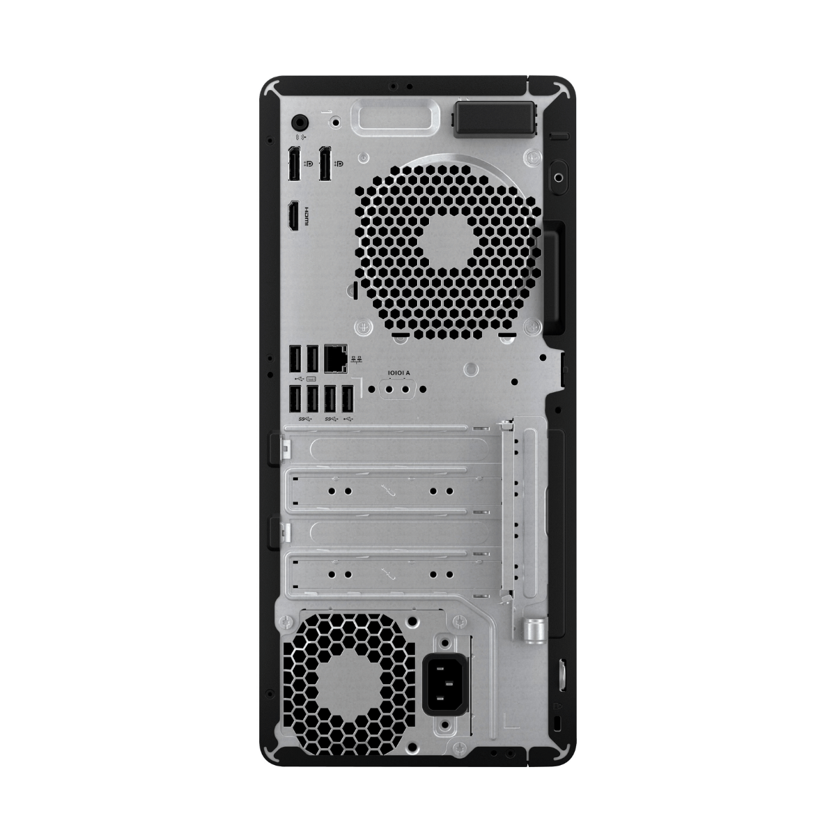Bagsiden af en HP Z1 G9 Workstation med forskellige porte og ventilationshuller