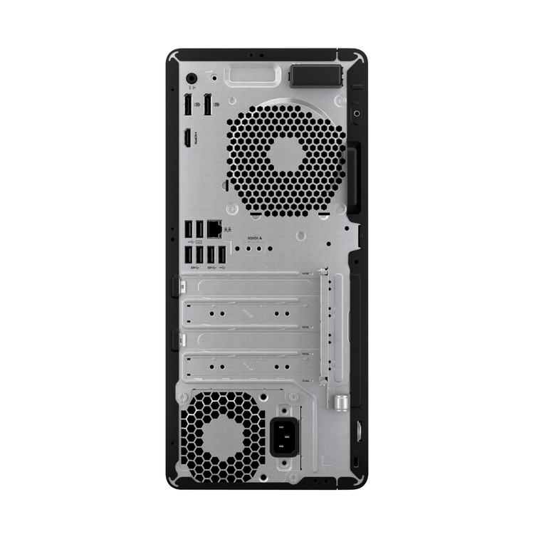 Bagsiden af en HP Z1 G9 Workstation med forskellige porte og ventilationshuller