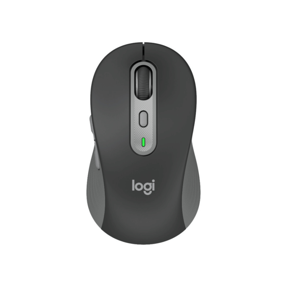 Trådløs Logitech mus i mørkegråt design set fra oven