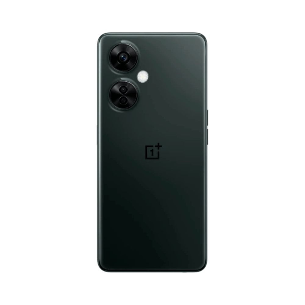 Bagsiden af en mørkegrøn OnePlus Nord CE 3 Lite smartphone med dobbelt kamera.