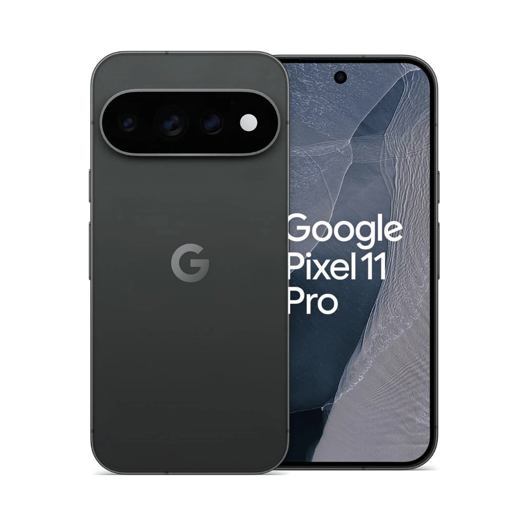 Forside og bagside af en sort Google Pixel 11 Pro smartphone