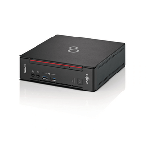 Fujitsu Esprimo Q558 mini PC i sort med frontporte og logo