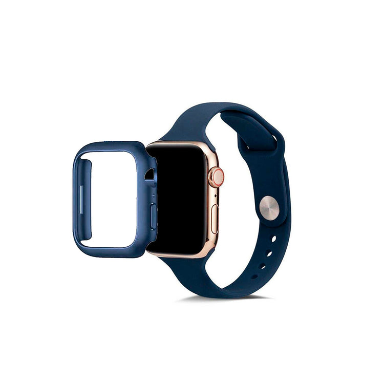 Blå silikone rem og urcover til smartwatch, kompatibel med Apple Watch 42mm.