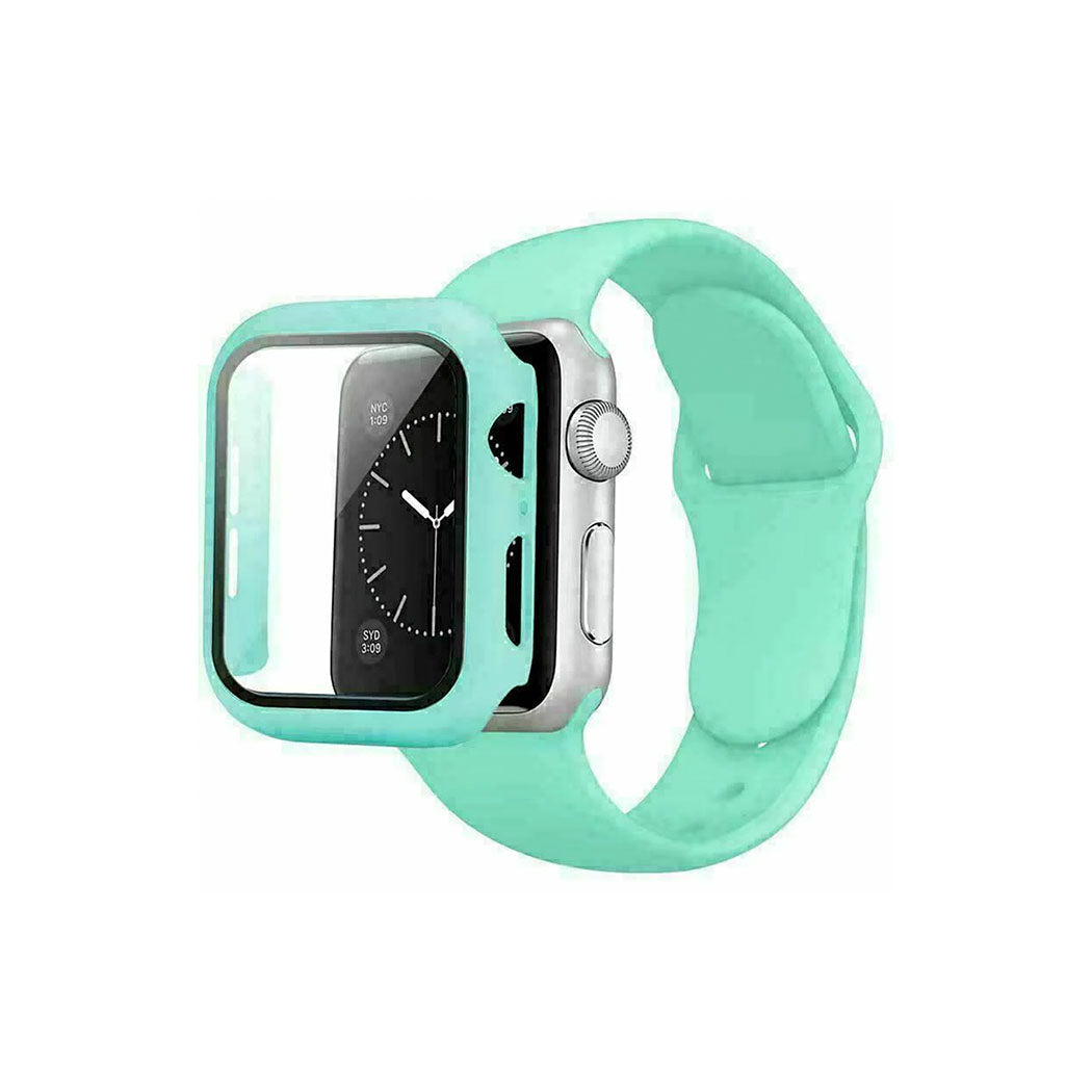 Grønt silikone urrem og cover til Apple Watch 44mm, vises på hvid baggrund.