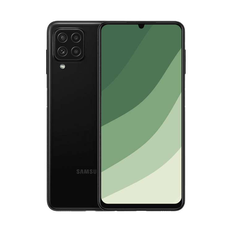 Samsung Galaxy A22 smartphone med 6,4" Super AMOLED-skærm, quad-kamera med 48 MP hovedsensor, 5000 mAh batteri og moderne design i afrundede kanter – perfekt balance mellem ydeevne og stil, fra Kosmos Renew.