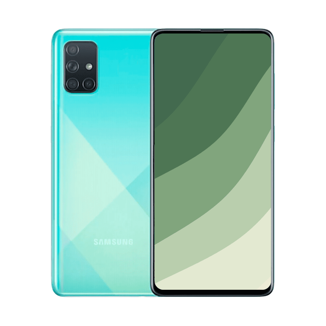 Samsung Galaxy A71 smartphone med 6,7" FHD+ Super AMOLED Plus-skærm, Snapdragon 730-processor, 6 GB RAM, 128 GB lagerplads, 64 MP quad-kamera og 4500 mAh batteri med hurtigopladning – pålidelig til arbejde og underholdning, fra Kosmos Renew.