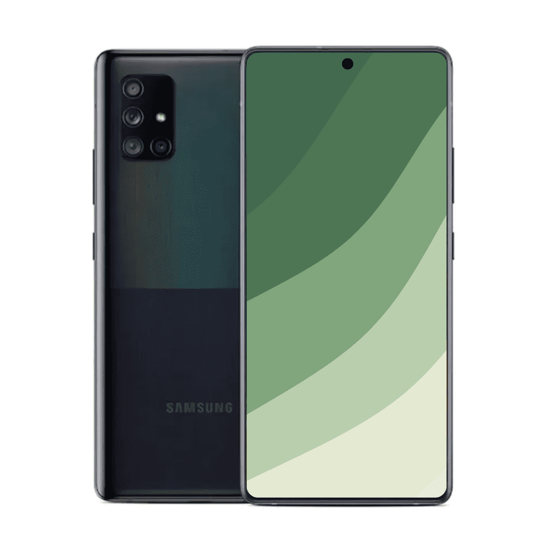 Samsung Galaxy A71 smartphone med 6,7" FHD+ Super AMOLED Plus-skærm, Snapdragon 730-processor, 6 GB RAM, 128 GB lagerplads, 64 MP quad-kamera og 4500 mAh batteri med hurtigopladning – perfekt til arbejde, underholdning og hverdagsbrug, fra Kosmos Renew.