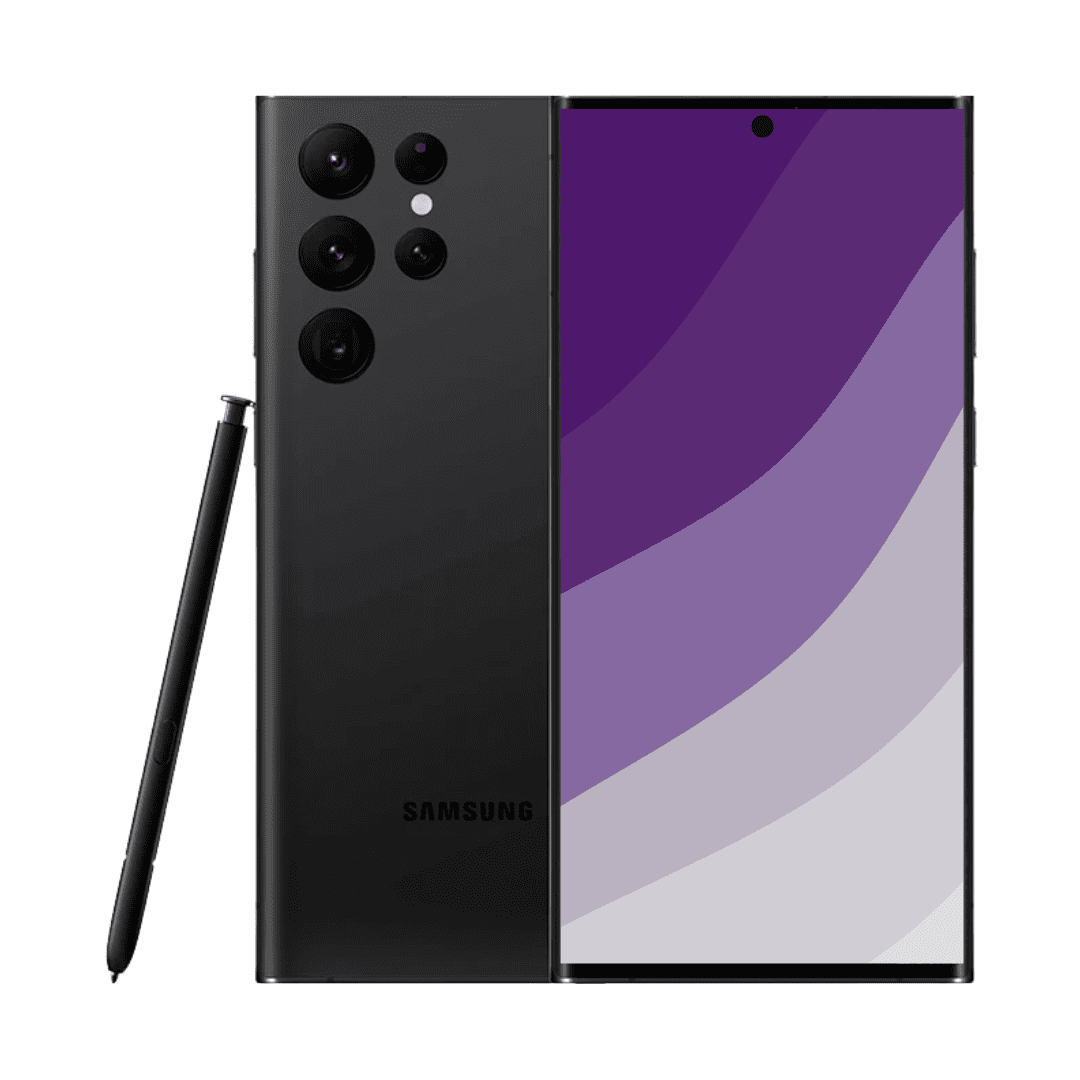 Samsung Galaxy S22 Ultra Phantom Black smartphone med 6,8" Dynamic AMOLED 2X QHD+ skærm, Snapdragon 8 Gen 1-processor, 128GB lager, 108 MP quad-kamera, integreret S Pen og 5000 mAh batteri med 45W hurtigopladning – kraftfuld og stilfuld til produktivitet, kreativitet og underholdning, fra Kosmos Renew.