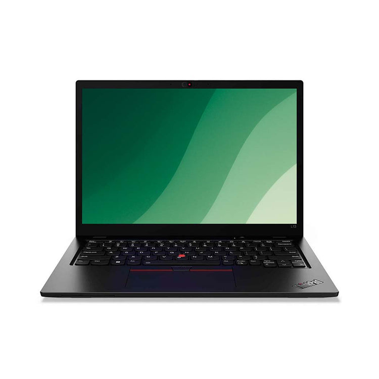 Sort Lenovo ThinkPad L13 laptop set forfra med grøn skærm og tastatur synligt