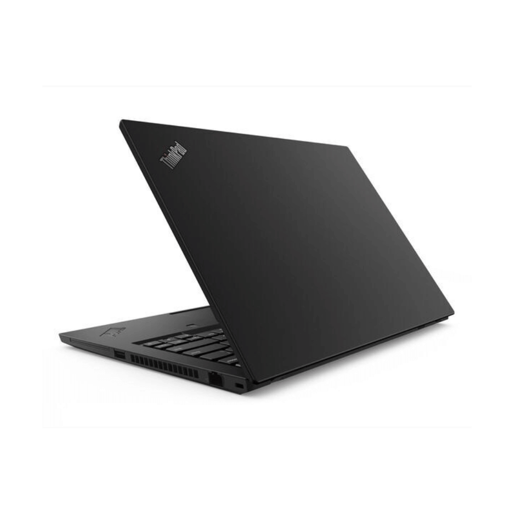 Sort Lenovo ThinkPad T495 bærbar computer set fra siden i en vinkel