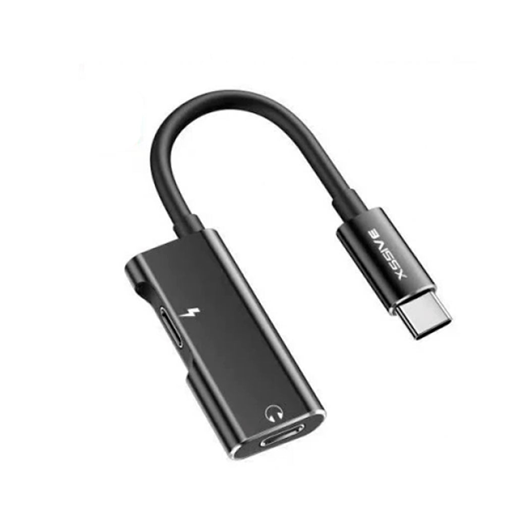 Sort USB-C dock adapter med to porte til opladning og lyd, egnet til Apple og Android enheder.