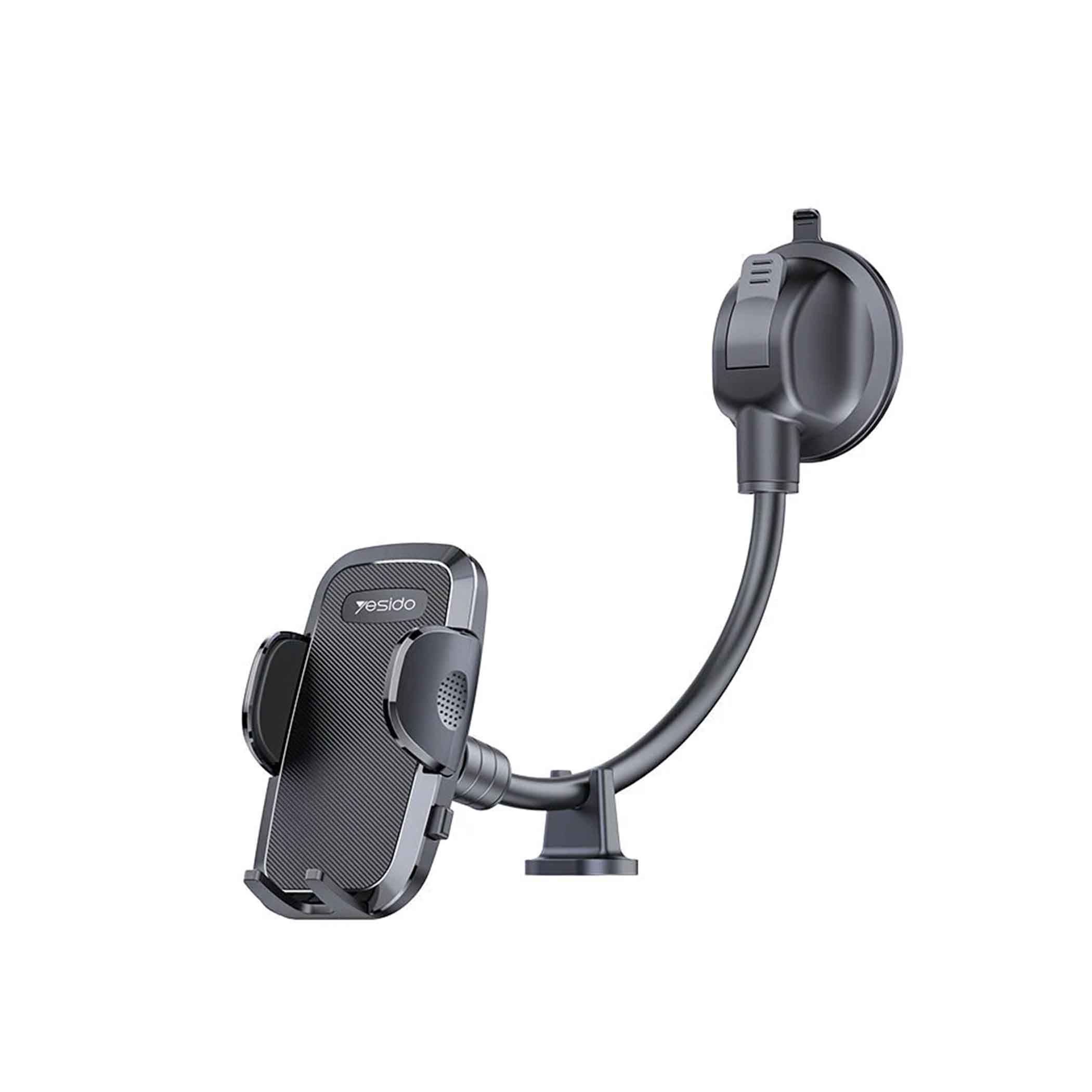 Universal mobilholder med sugekop og justerbar arm i sort, velegnet til bil.