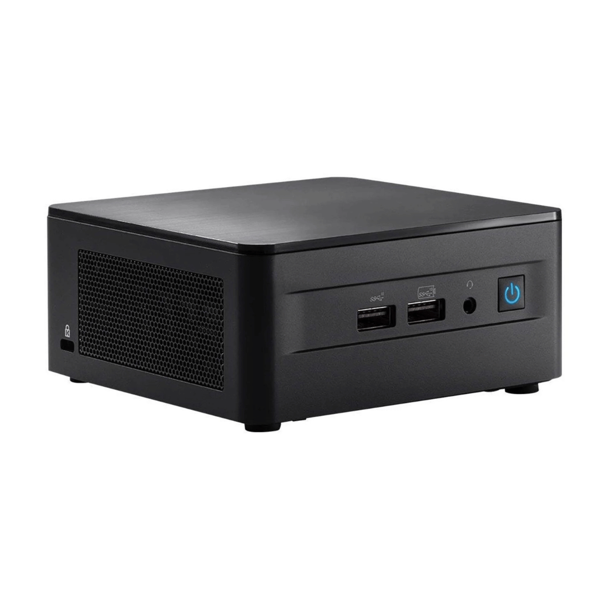 Sort Intel NUC 12 Pro mini PC set fra siden med USB-porte og tændknap