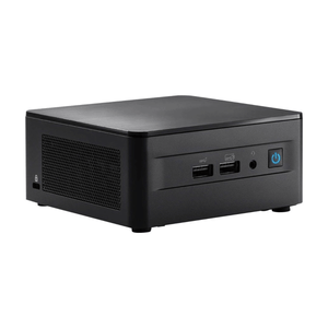 Sort Intel NUC 12 Pro mini PC set fra siden med USB-porte og tændknap