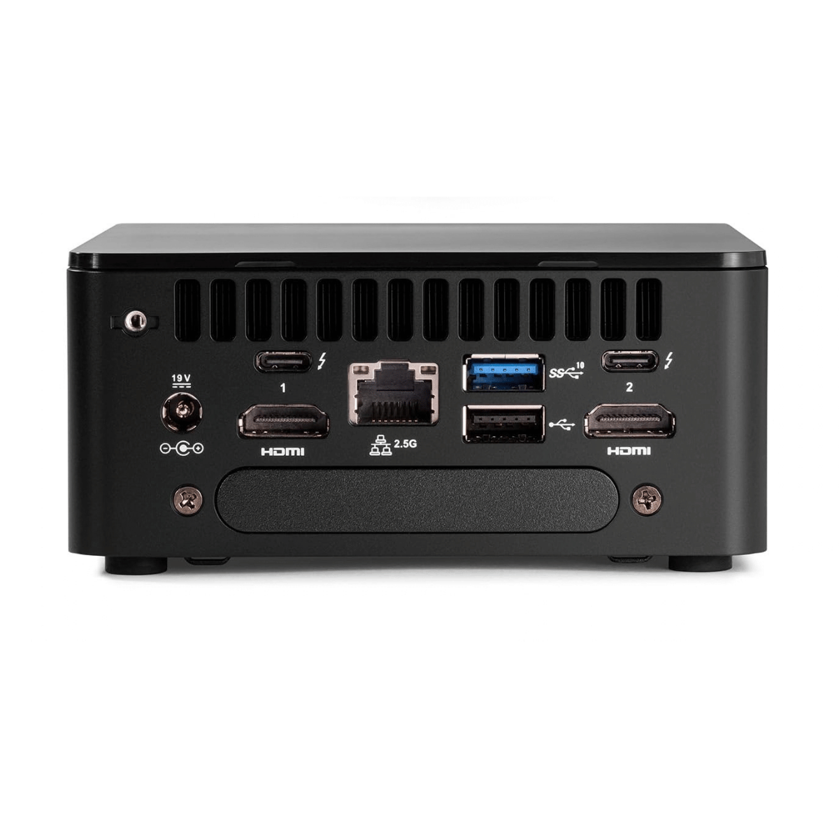 Bagsiden af en Intel NUC 12 Pro mini PC med forskellige porte og forbindelser.