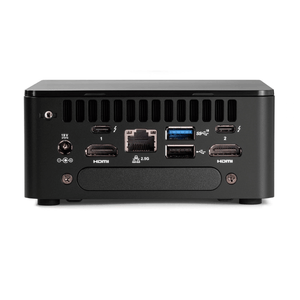 Bagsiden af en Intel NUC 12 Pro mini PC med forskellige porte og forbindelser.
