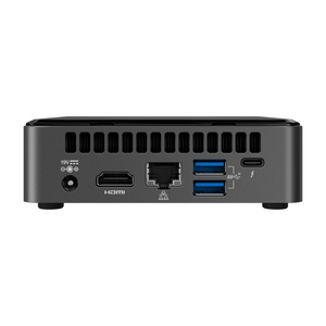 Bagsiden af en Intel NUC Mini PC med HDMI, USB-porte og Ethernet-stik
