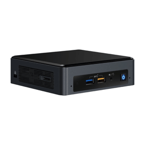 Intel NUC Mini PC i3-8109U i sort med USB-porte og tænd-knap på fronten